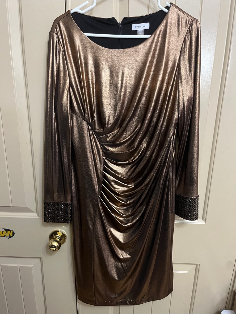 Calvin Klein Metallic Bronze Long Sleeve Draped Cocktail Dress